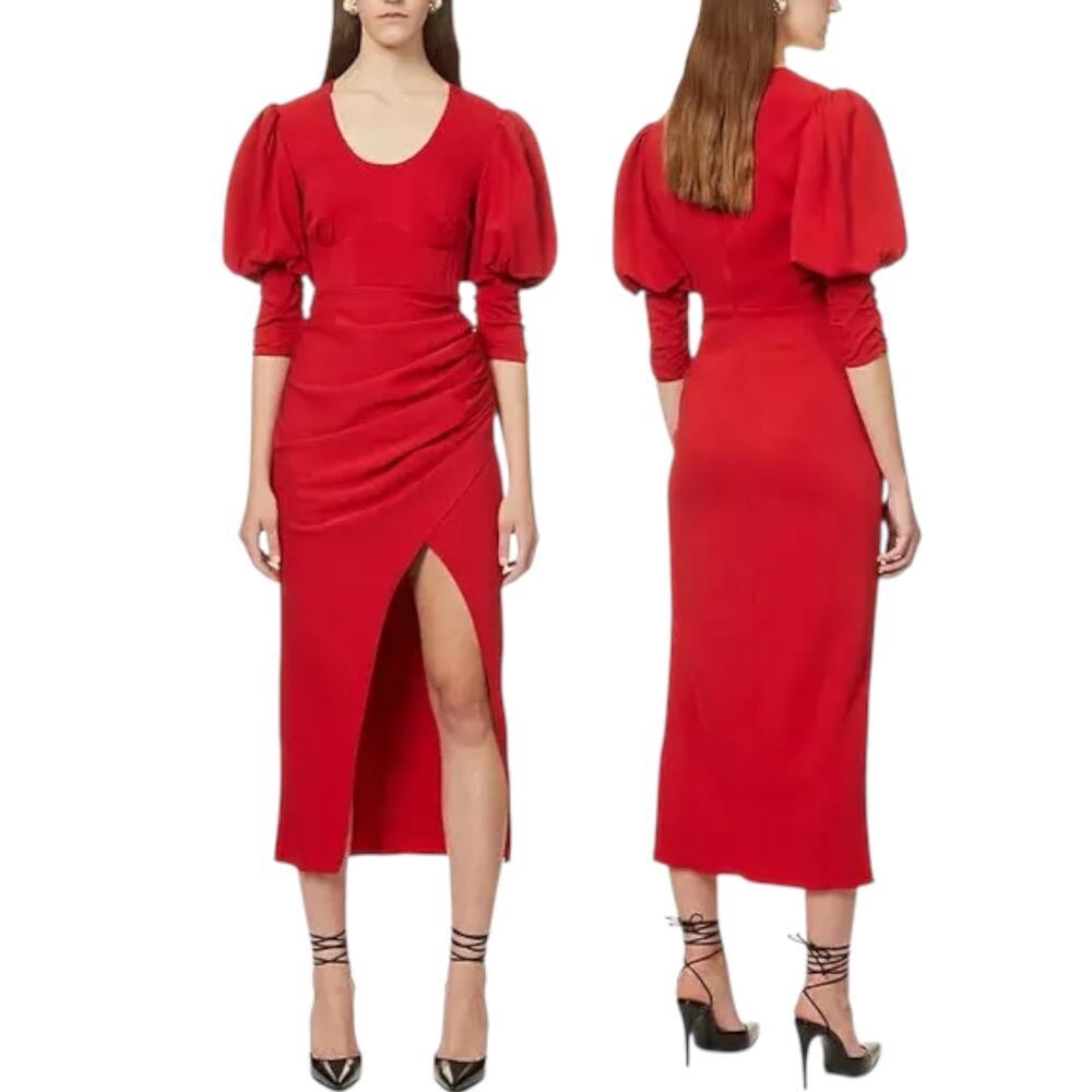 SELF-PORTRAIT, Crepe Midi Dress Puff Sleeve Side-Split Stretch Red SZ 0 US, 4 UK